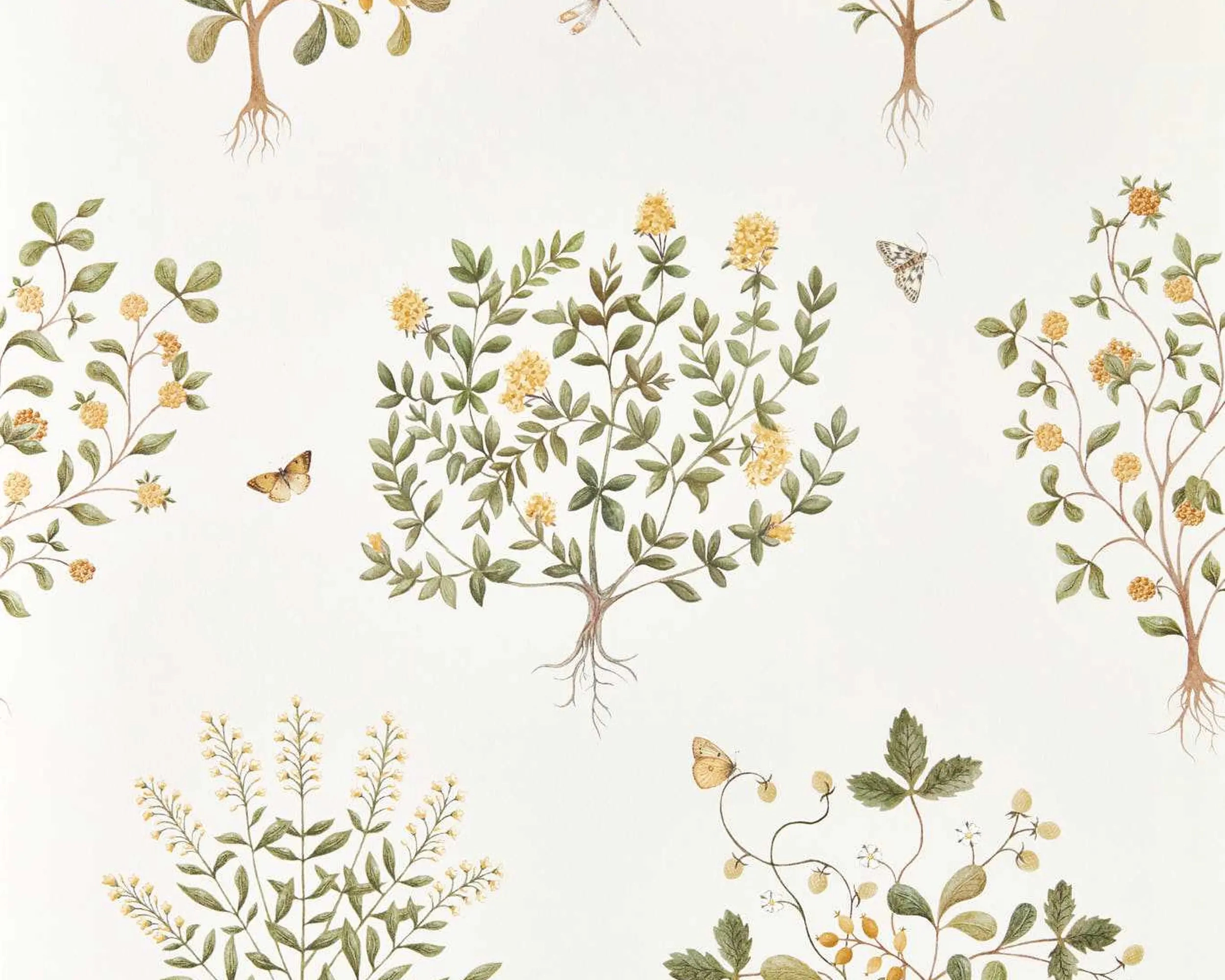 Elegáns angol design tapéta gyümölcsös cserje és lepke mintával sárga és fehér színben