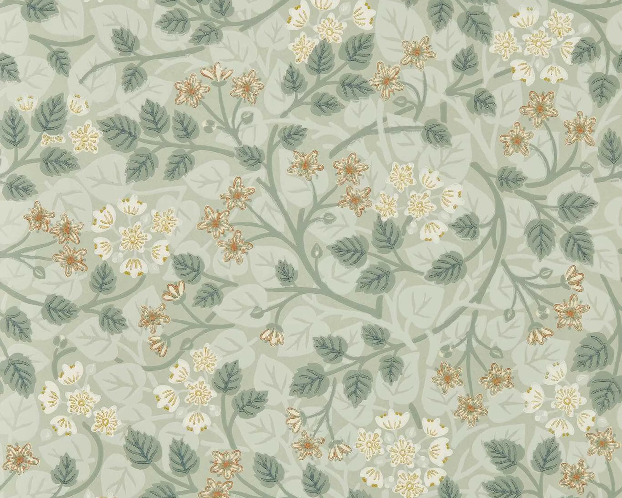 Elegáns angol design tapéta inda és virág mintával zöld színben