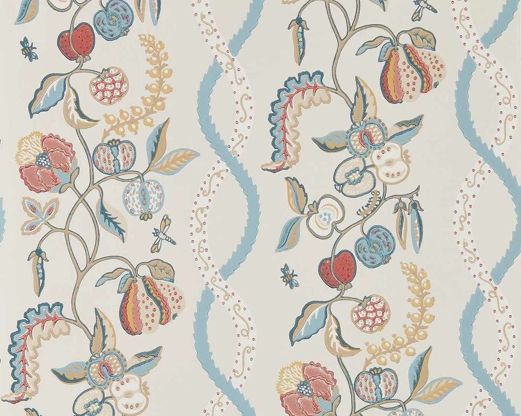 Elegáns angol design tapéta konyhakerti gyümölcsök mintával kék és krém színben