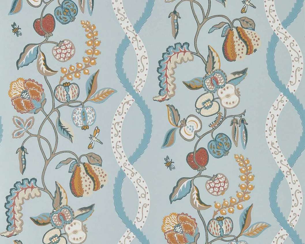Elegáns angol design tapéta konyhakerti gyümölcsök mintával kék színben