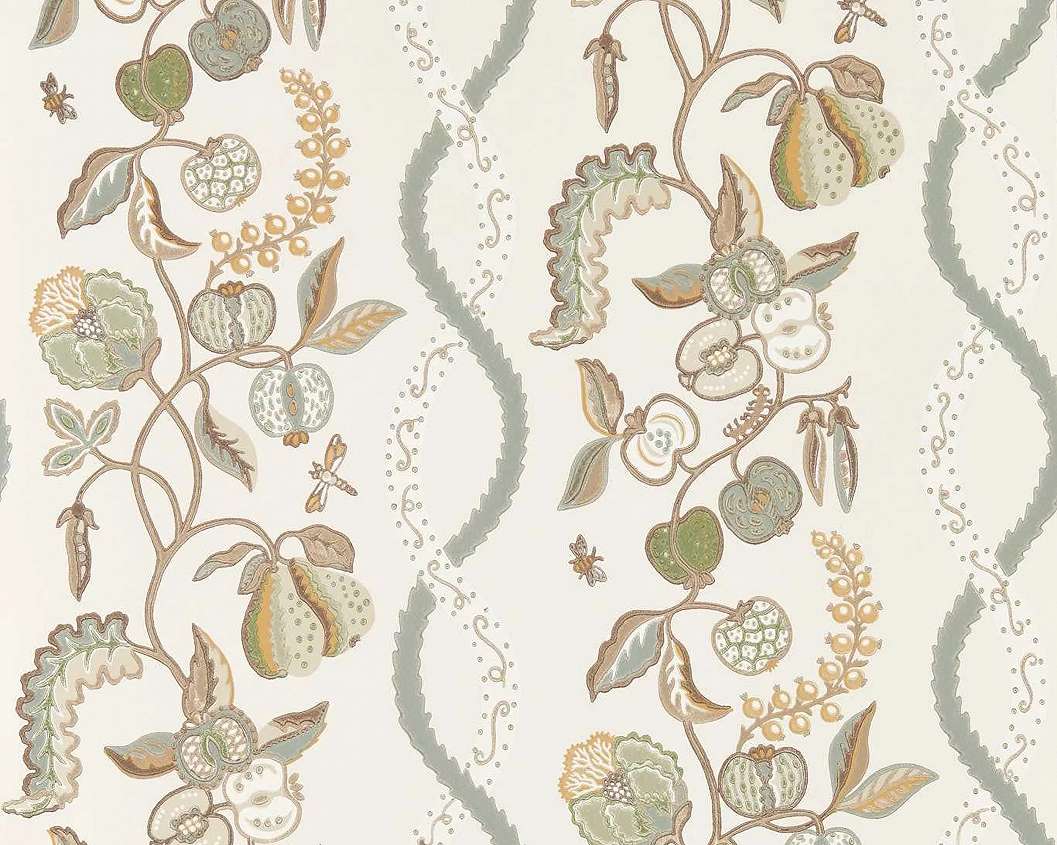 Elegáns angol design tapéta konyhakerti gyümölcsök mintával szürke és krém színben