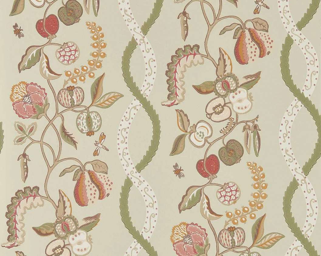 Elegáns angol design tapéta konyhakerti gyümölcsök mintával zöld és beige színben