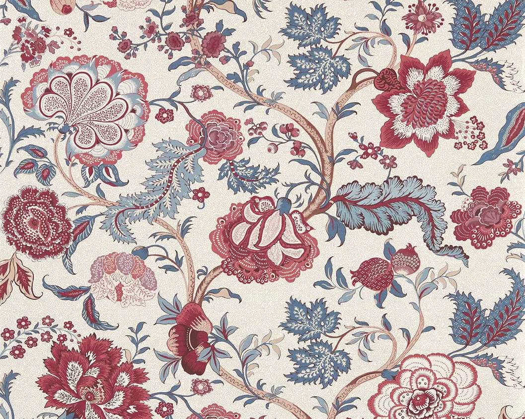 Elegáns angol design tapéta virág és levél mintával bordó és kék színben