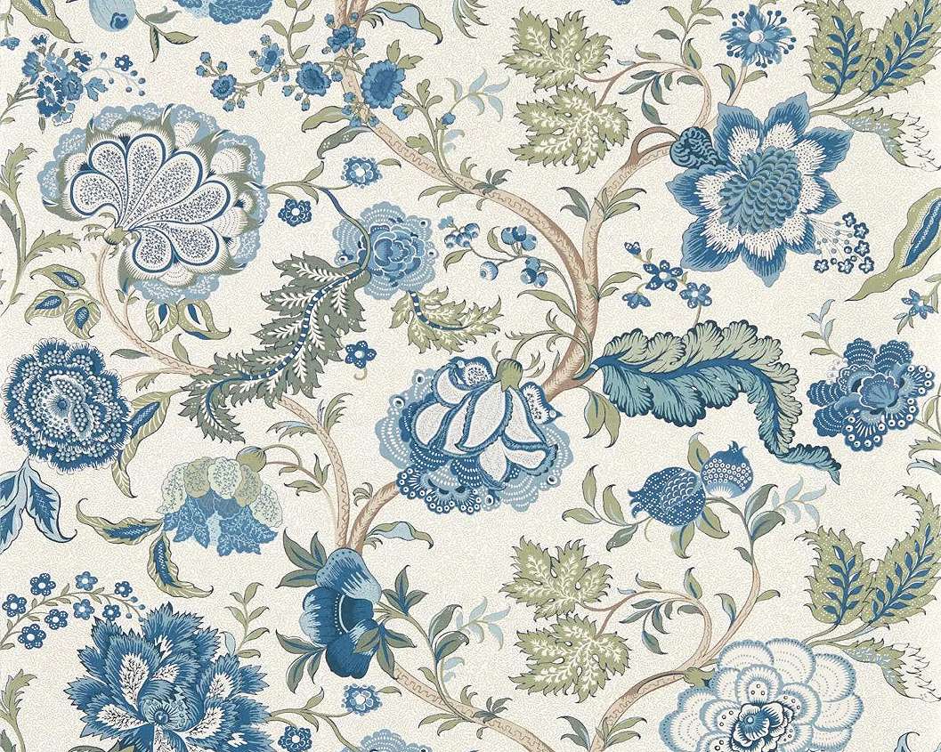 Elegáns angol design tapéta virág és levél mintával kék és zöld színben