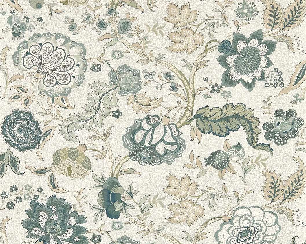 Elegáns angol design tapéta virág és levél mintával zöld színben