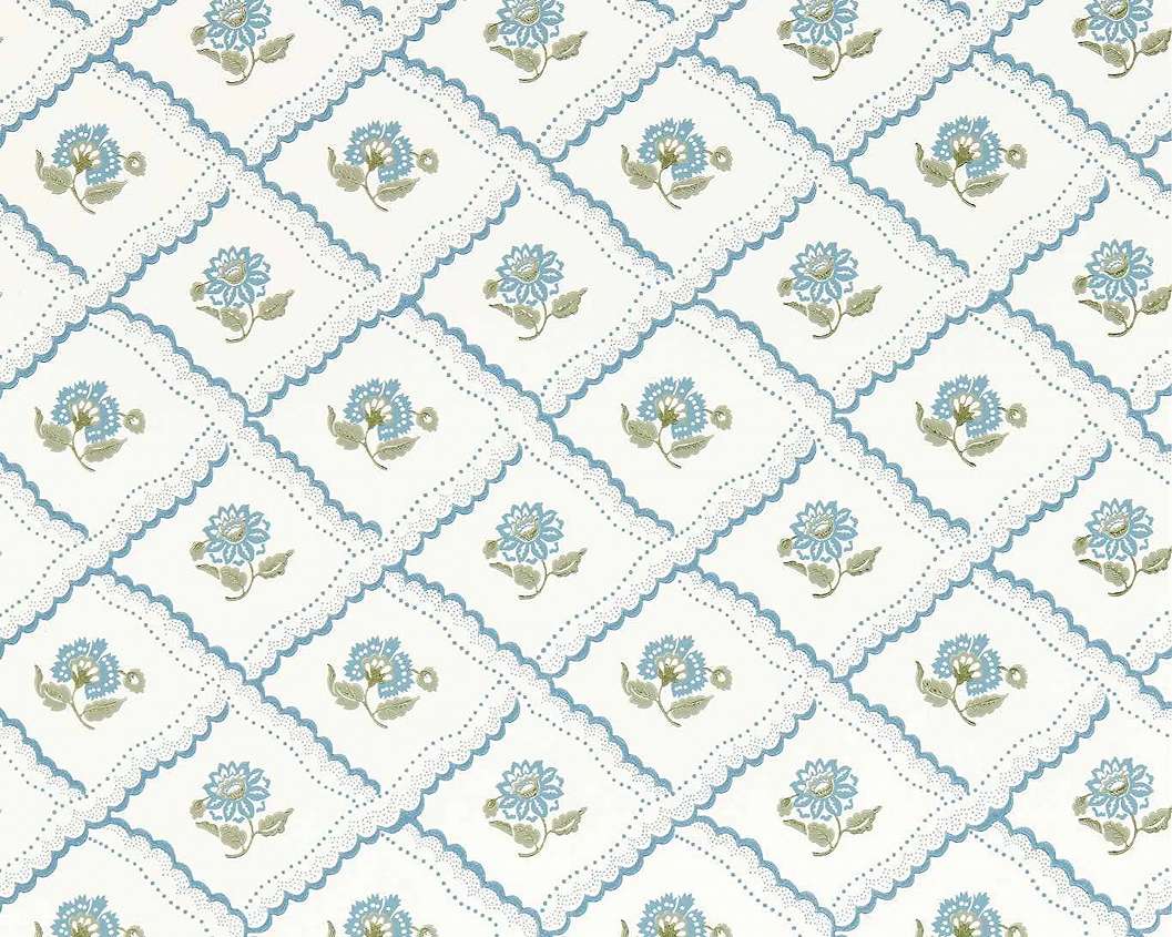 Elegáns angol design tapéta virágos csipkés rács mintával kék színben
