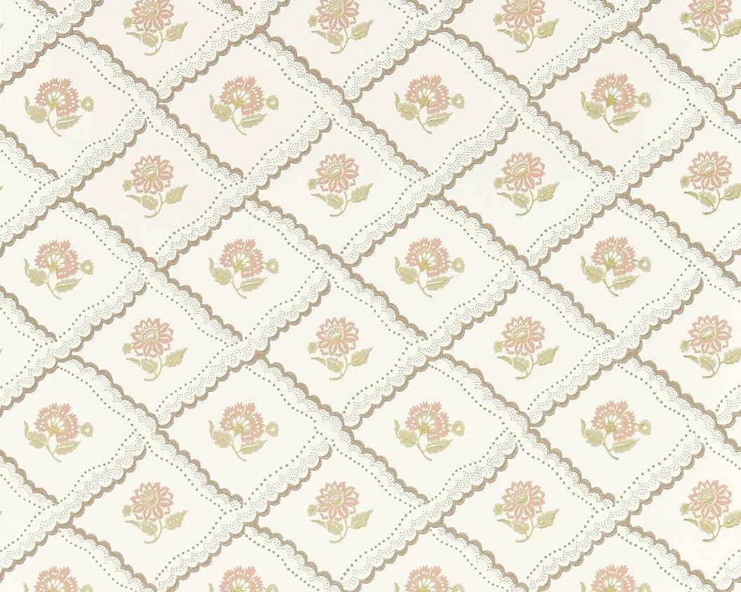Elegáns angol design tapéta virágos csipkés rács mintával keki színben