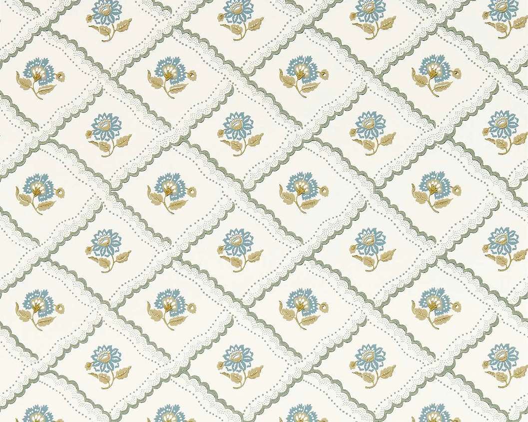 Elegáns angol design tapéta virágos csipkés rács mintával zöld színben