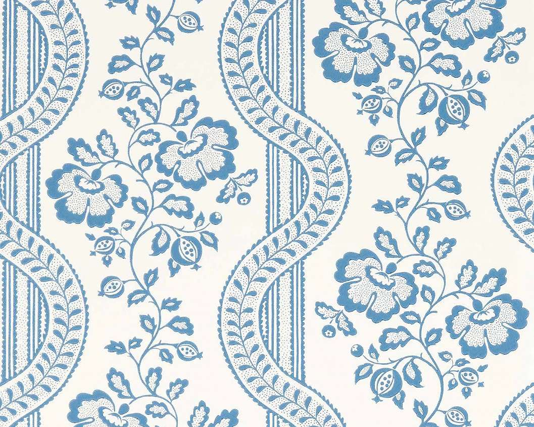 Elegáns angol design tapéta virágos hullám mintával kék színben