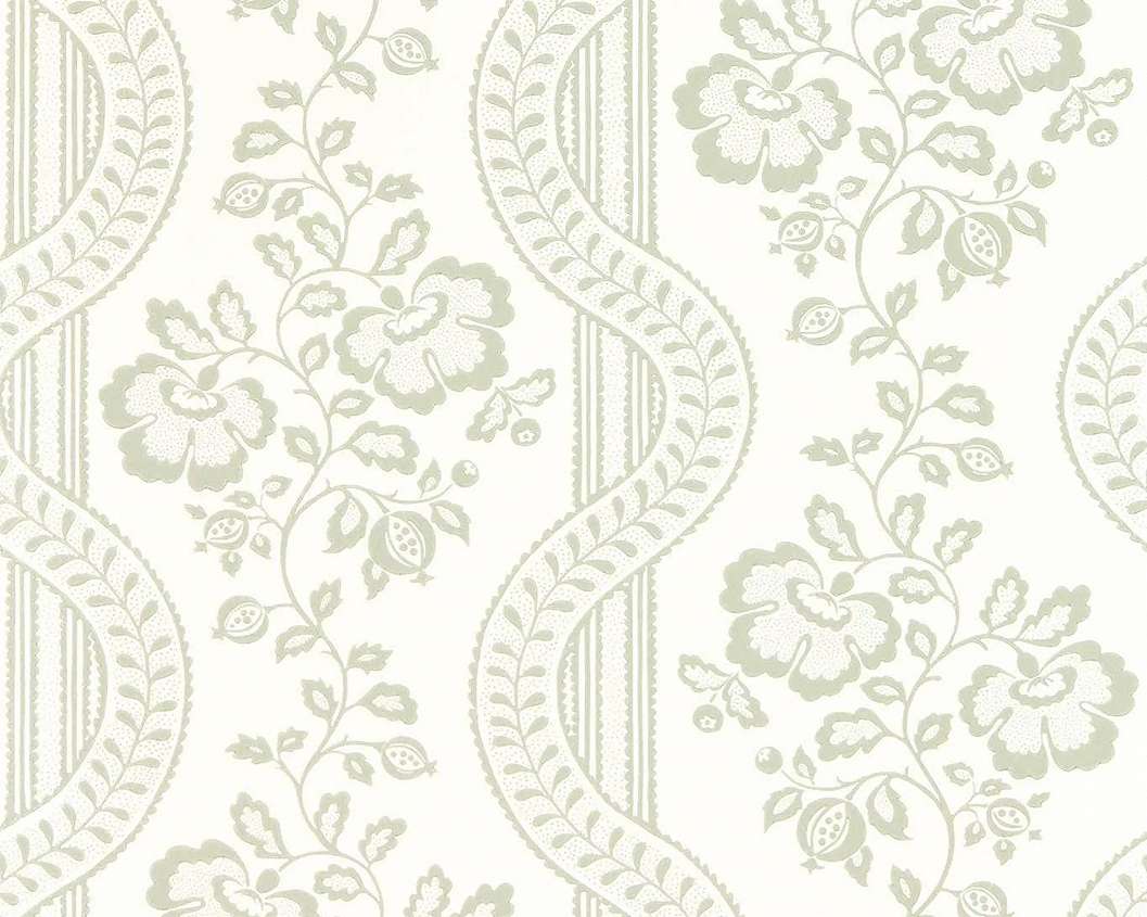 Elegáns angol design tapéta virágos hullám mintával zöldesszürke színben