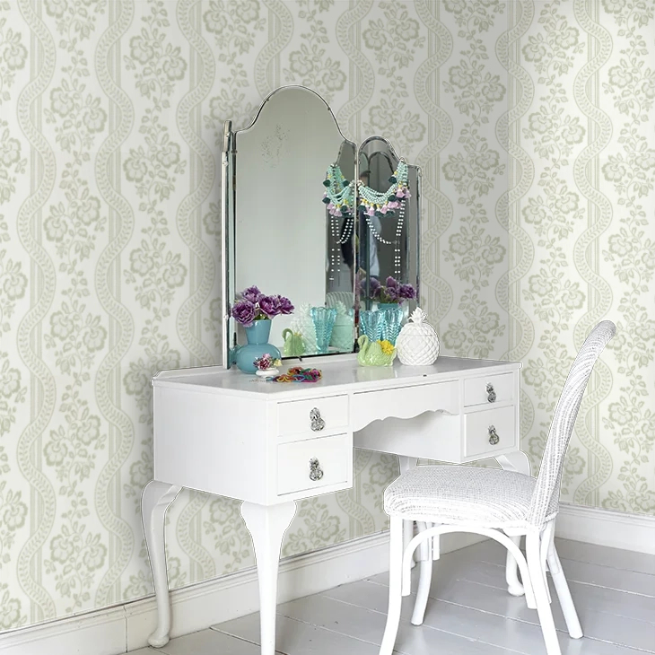 Elegáns angol design tapéta virágos hullám mintával zöldesszürke színben