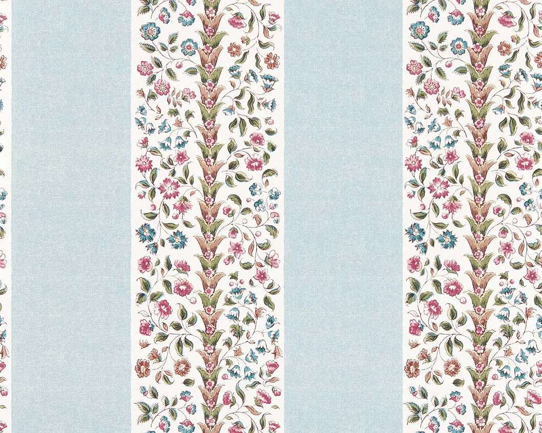 Elegáns angol design tapéta virágos inda és csíkos mintával kék és piros színben