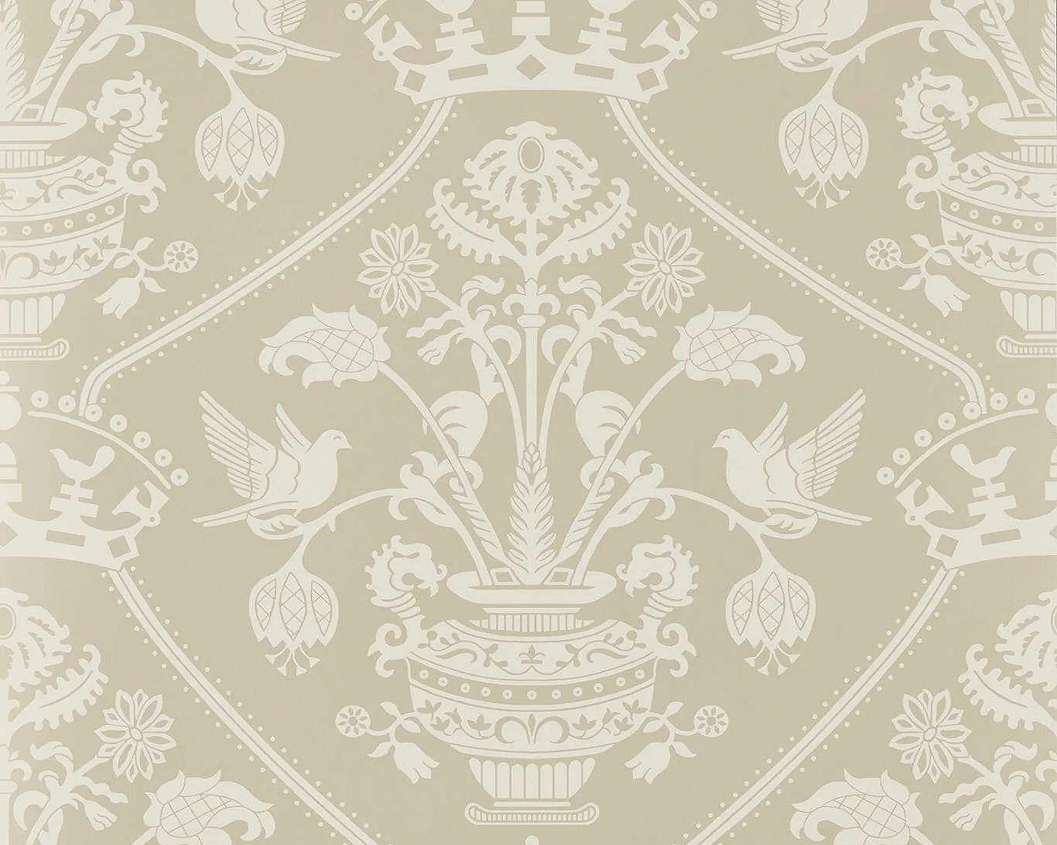 Elegáns angol design tapéta virágos váza és madár mintával beige színben