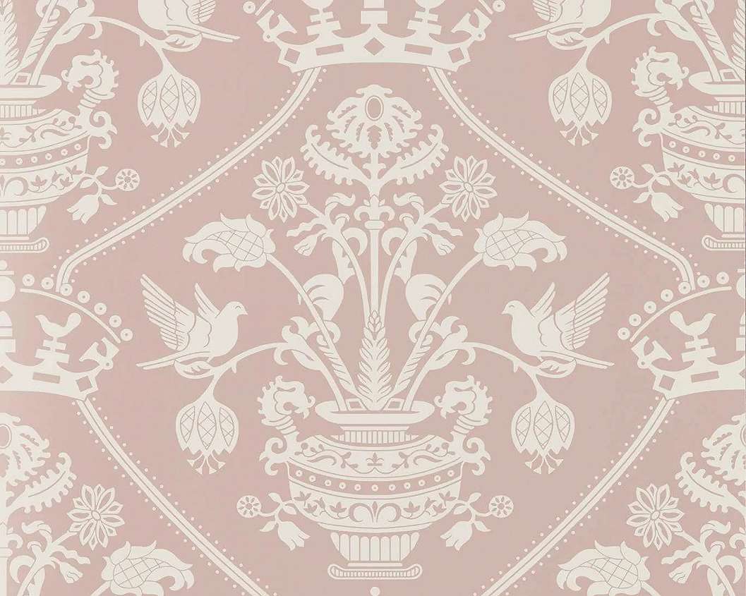 Elegáns angol design tapéta virágos váza és madár mintával korall színben