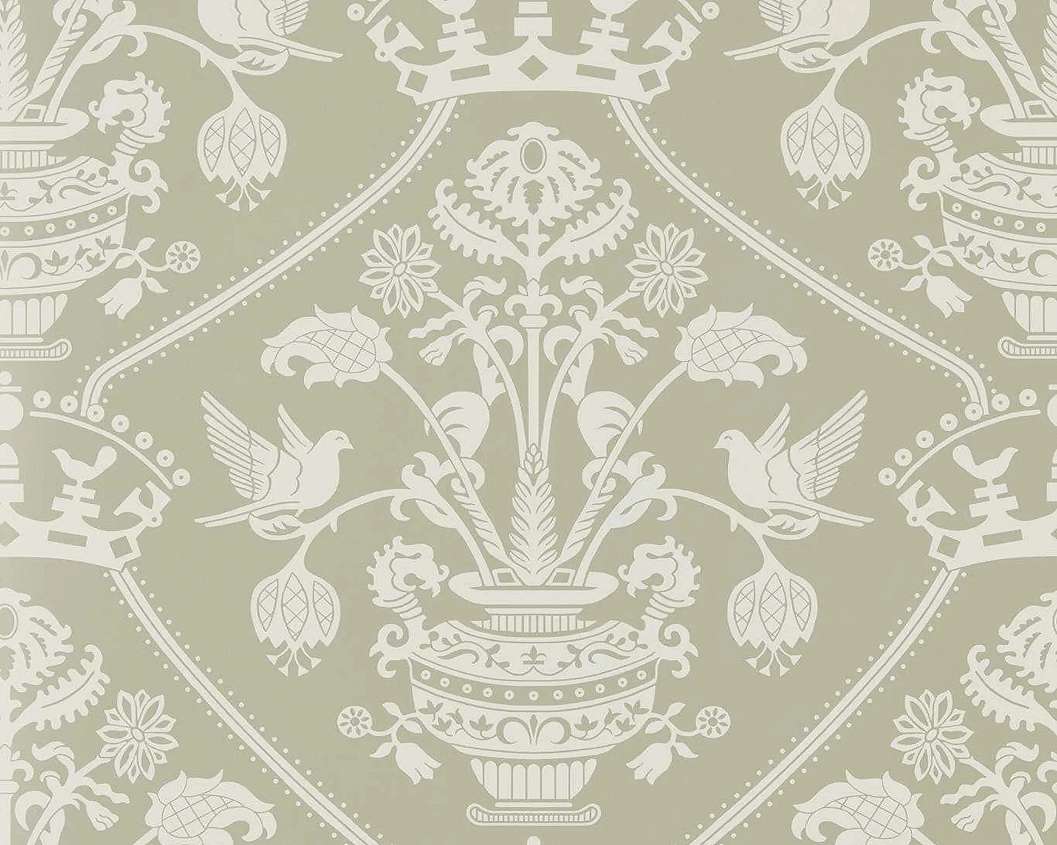Elegáns angol design tapéta virágos váza és madár mintával zöld színben