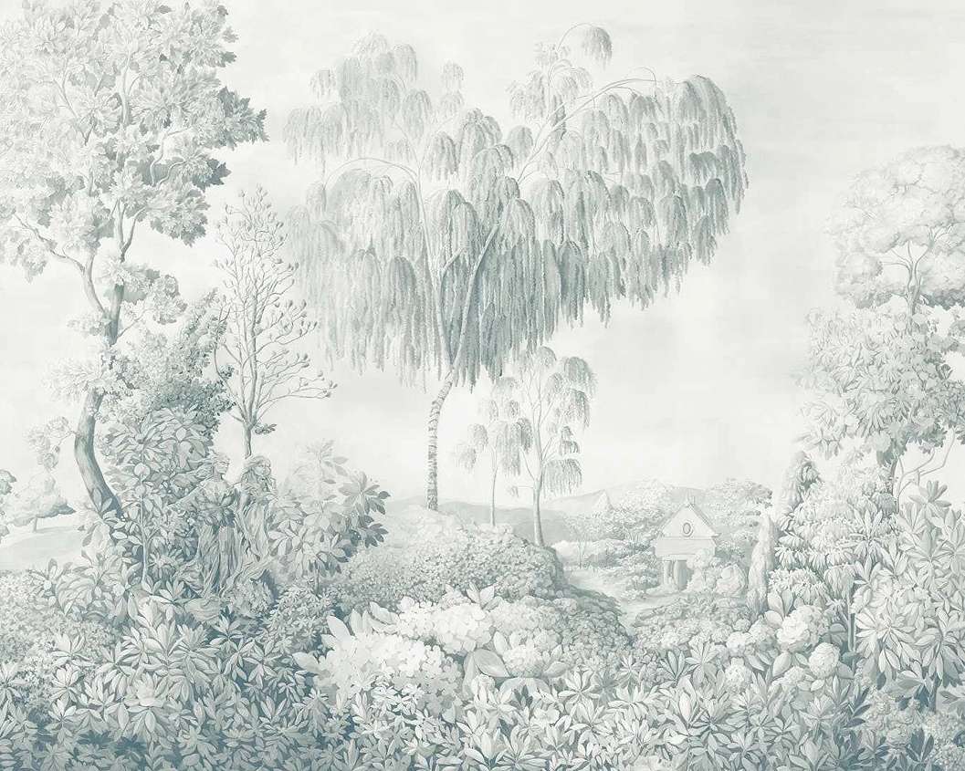 Elegáns angol fotótapéta fametszet hatású tájkép mintával kék színben