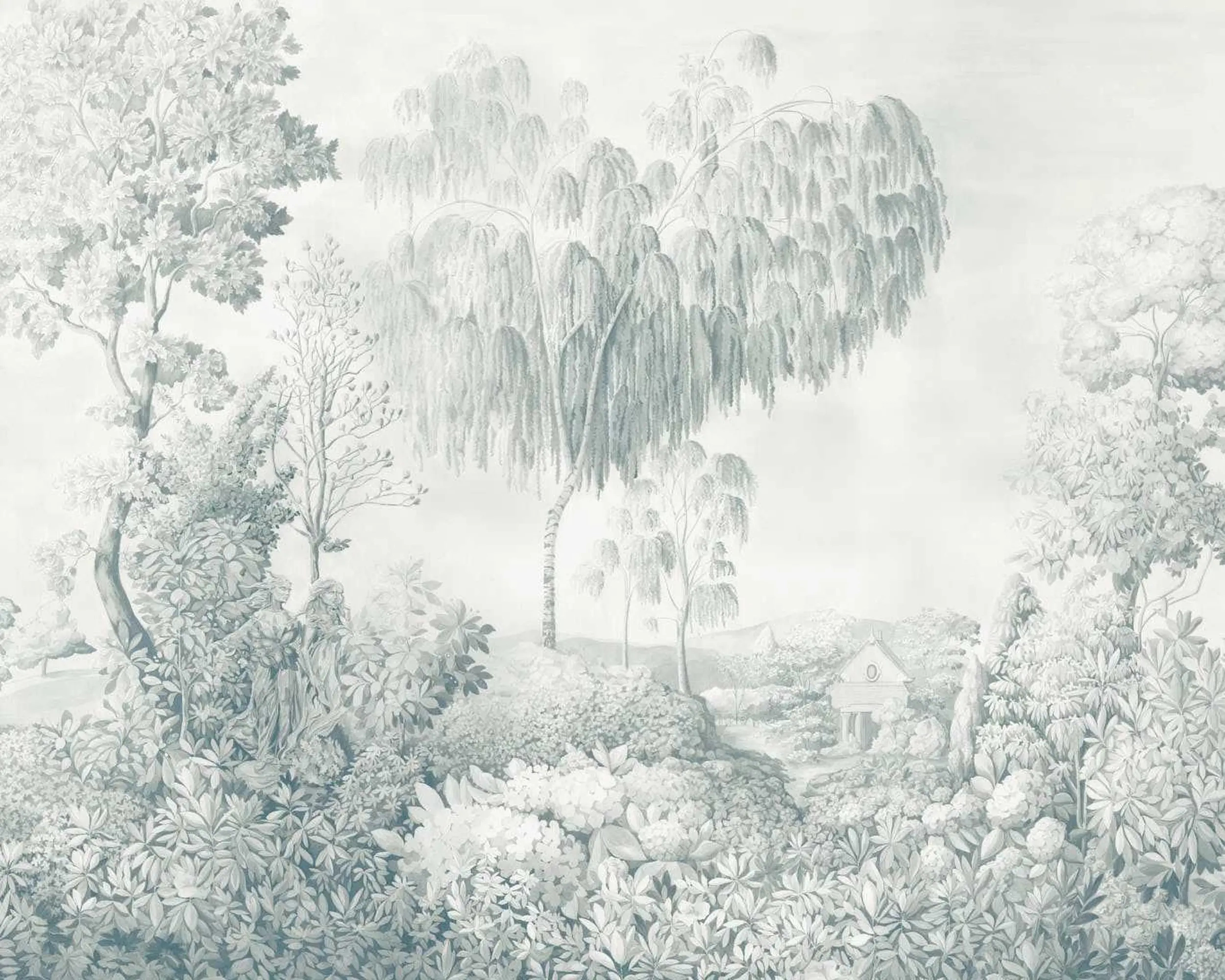 Elegáns angol fotótapéta fametszet hatású tájkép mintával kék színben