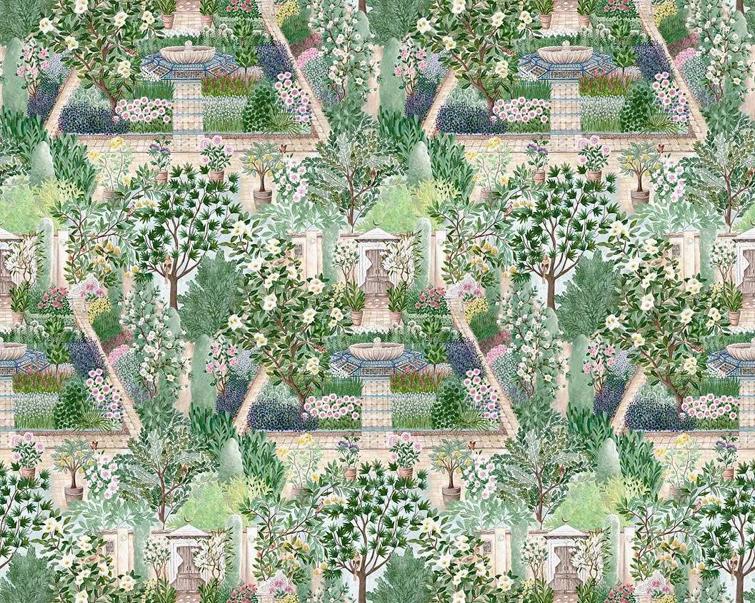 Elegáns angol fotótapéta romantikus kert mintával kékeszöld színben