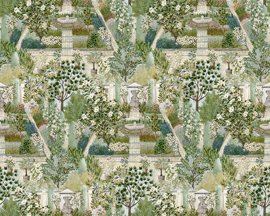 Elegáns angol fotótapéta romantikus kert mintával sárgászöld színben