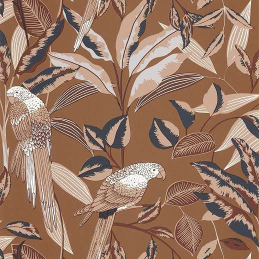 Elegáns art deco stílusú levél és papagáj mintás karamell barna színű design tapéta