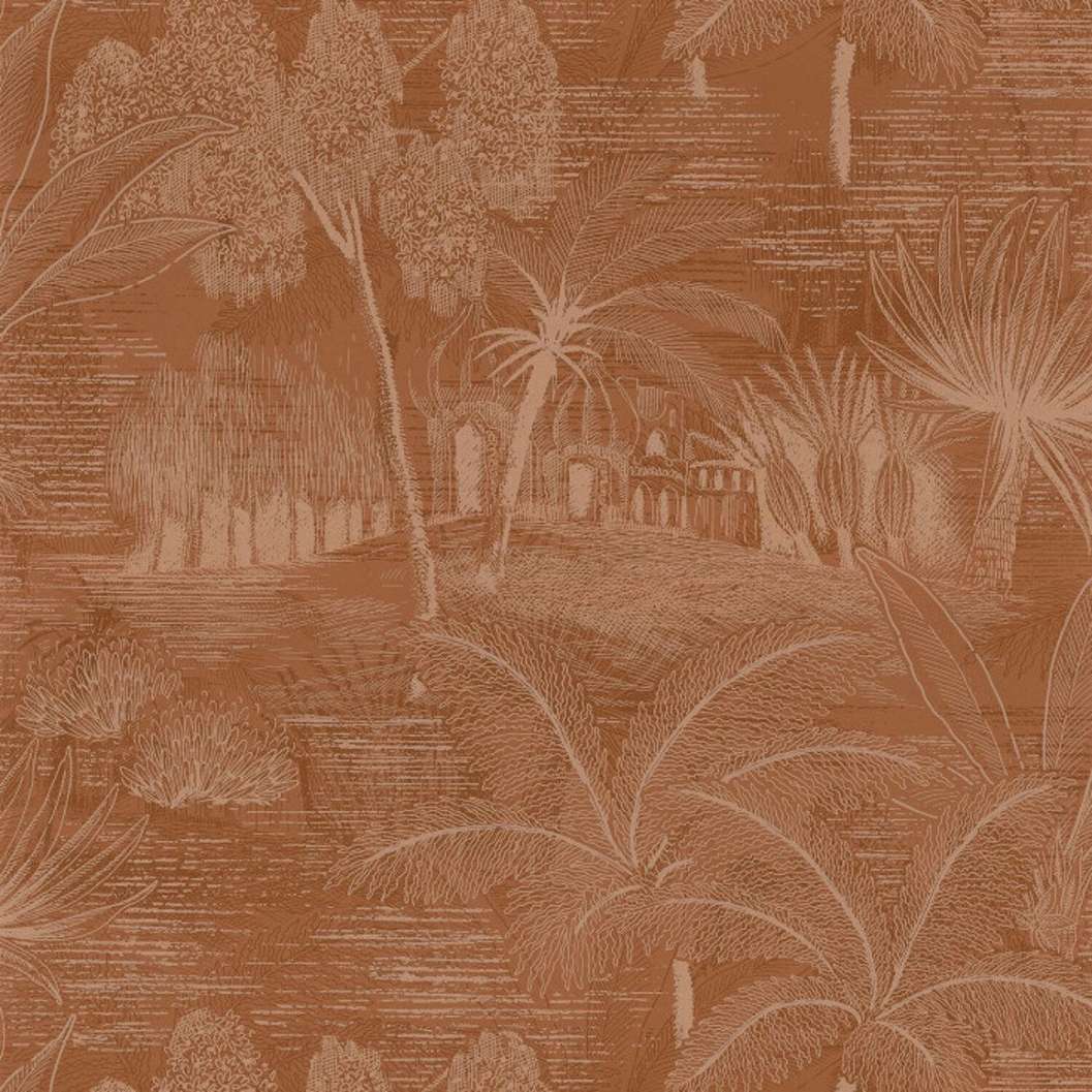 Elegáns Casamance luxus dekor tapéta narancssárgás alapon arany trópusi mintázattal