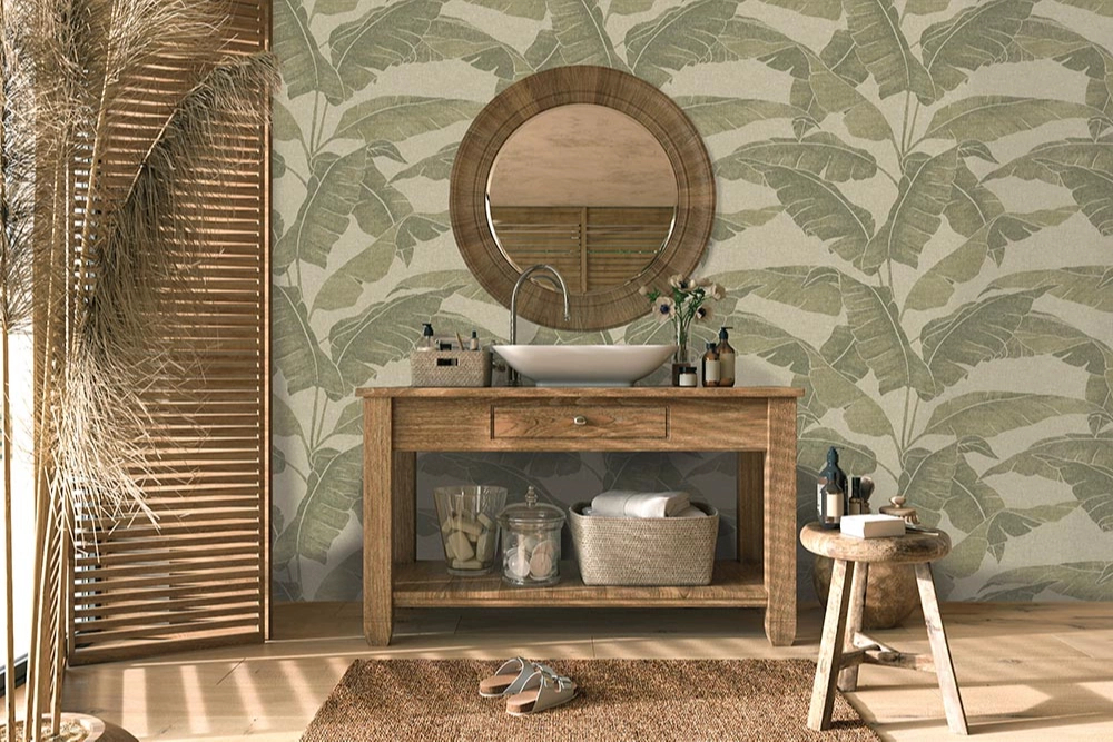 Elegáns design tapéta banánfalevél mintával zöld színben