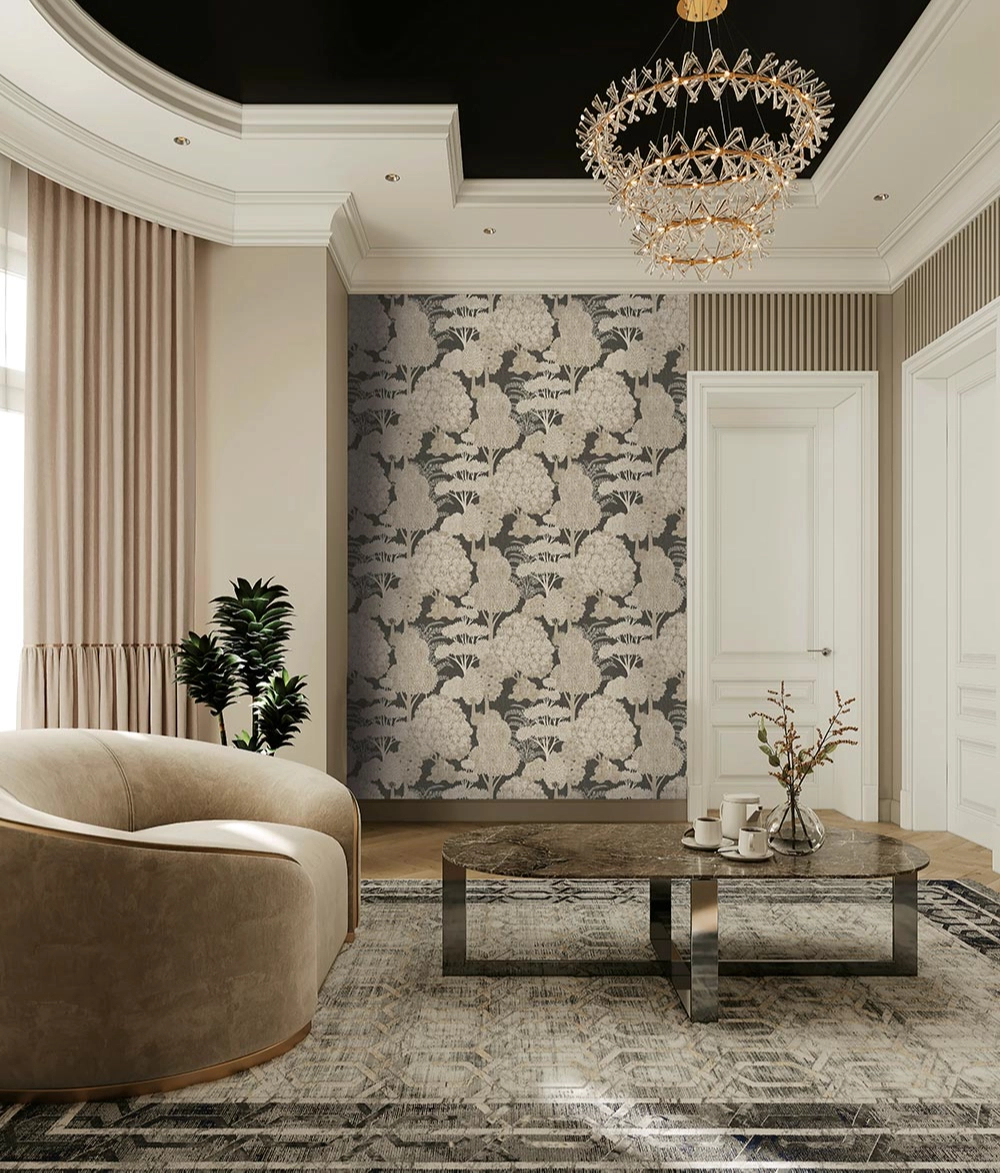 Elegáns design tapéta erdő mintával éjjszürke színben