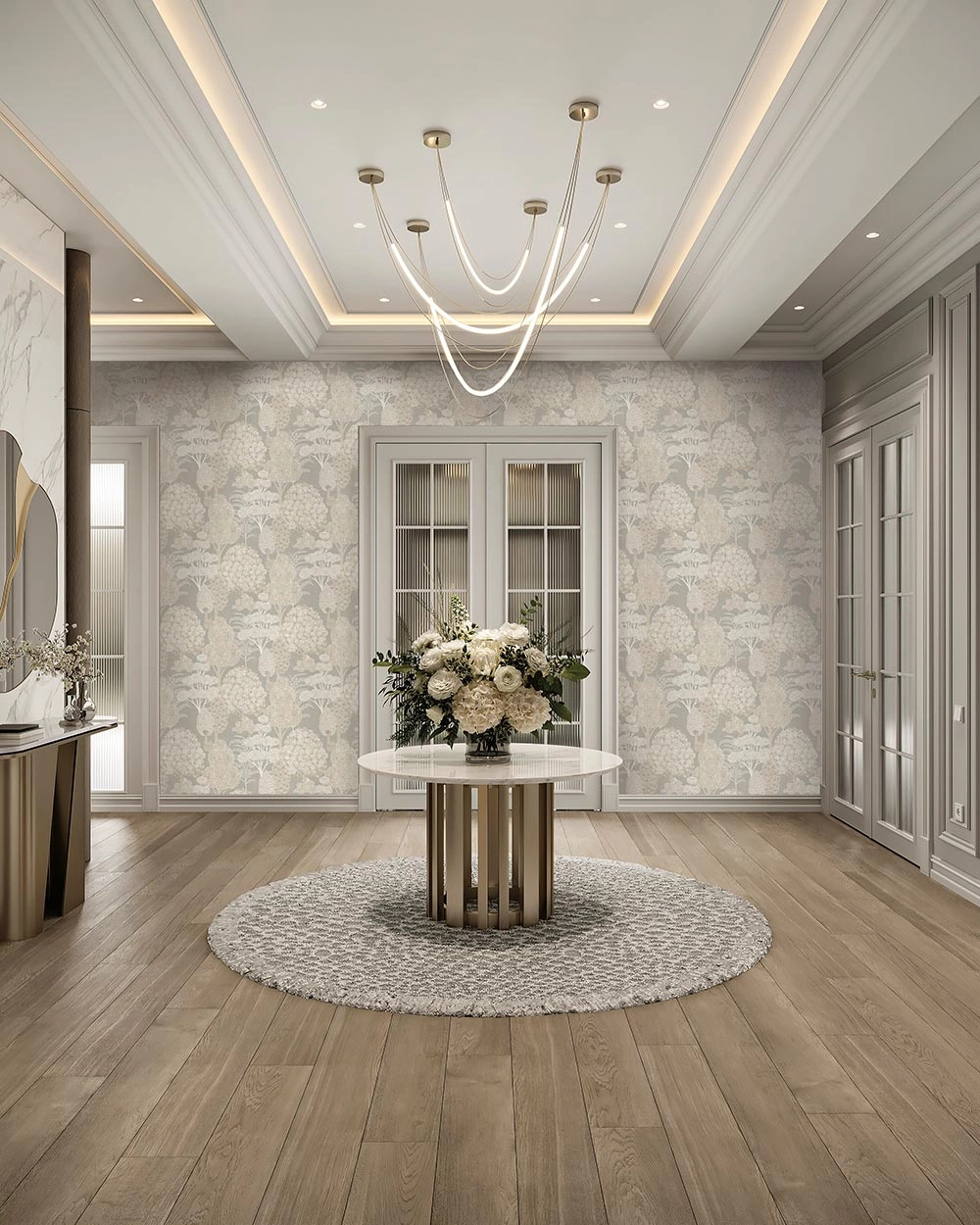 Elegáns design tapéta erdő mintával homokkő színben