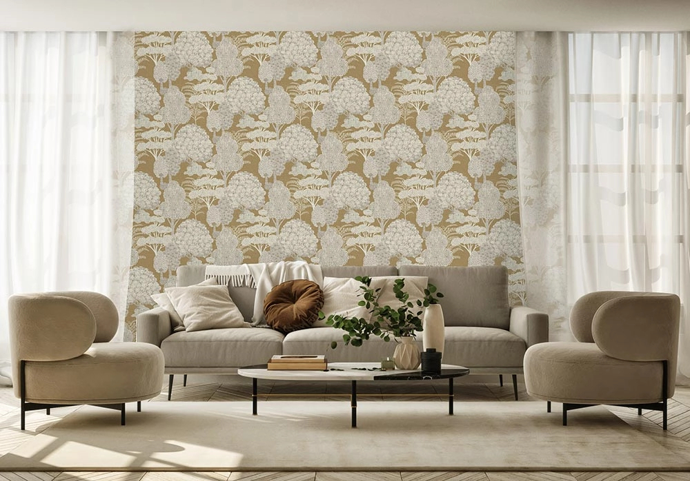 Elegáns design tapéta erdő mintával réz színben