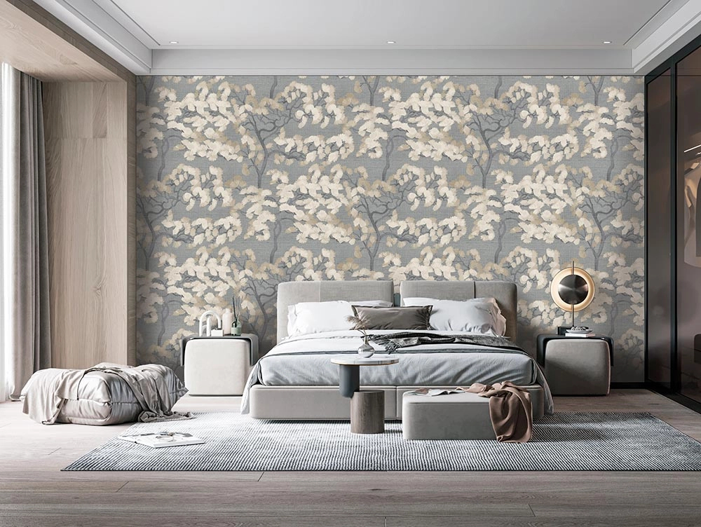 Elegáns design tapéta virágzó selyemakác mintával farmerkék színben