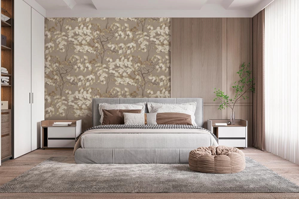 Elegáns design tapéta virágzó selyemakác mintával kávé színben