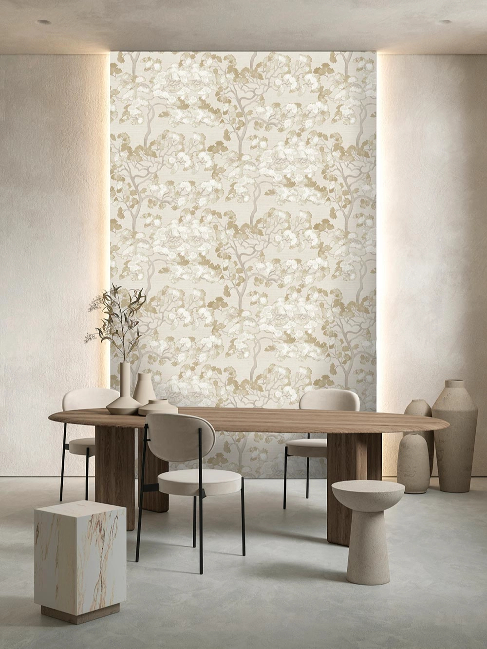 Elegáns design tapéta virágzó selyemakác mintával pezsgő színben