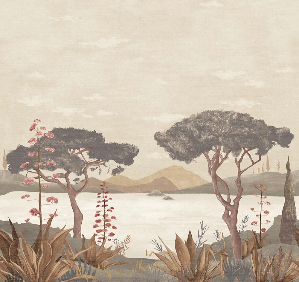 Elegáns fotótapéta trópusi tájkép tóval és hegyekkel barna színben