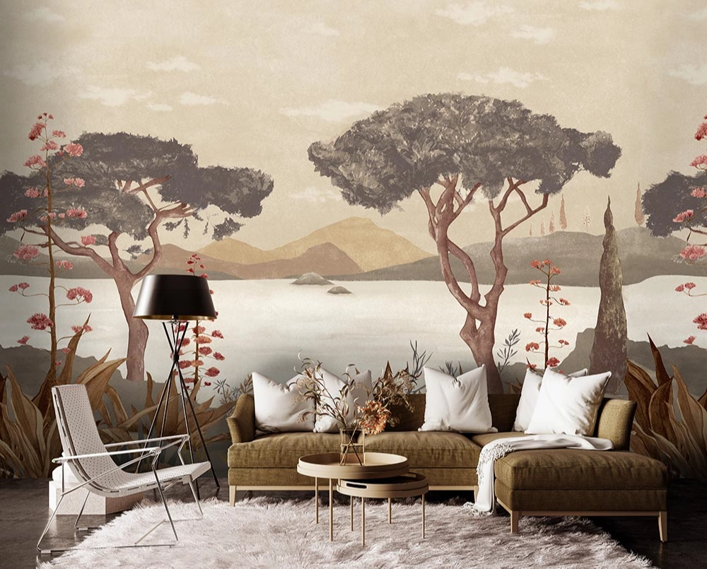 Elegáns fotótapéta trópusi tájkép tóval és hegyekkel barna színben