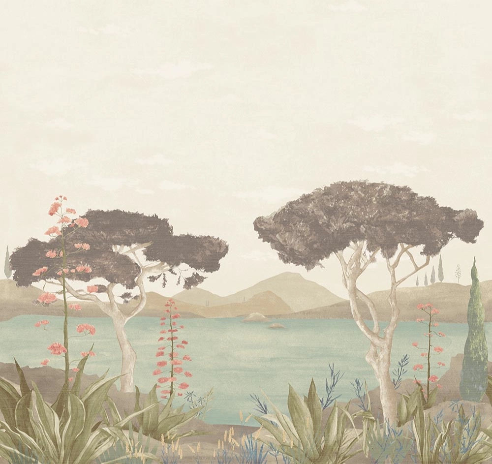 Elegáns fotótapéta trópusi tájkép tóval és hegyekkel pasztel színekben