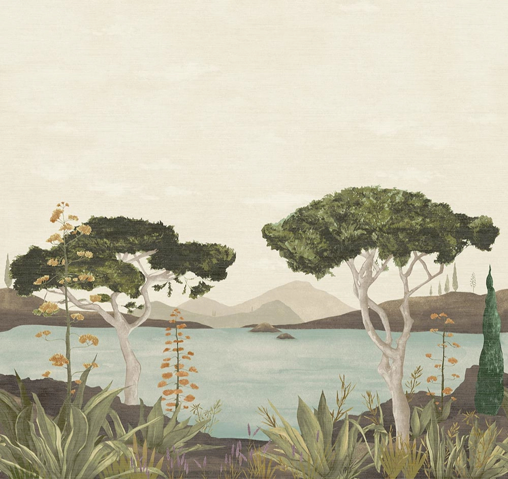 Elegáns fotótapéta trópusi tájkép tóval és hegyekkel tavaszi színekben