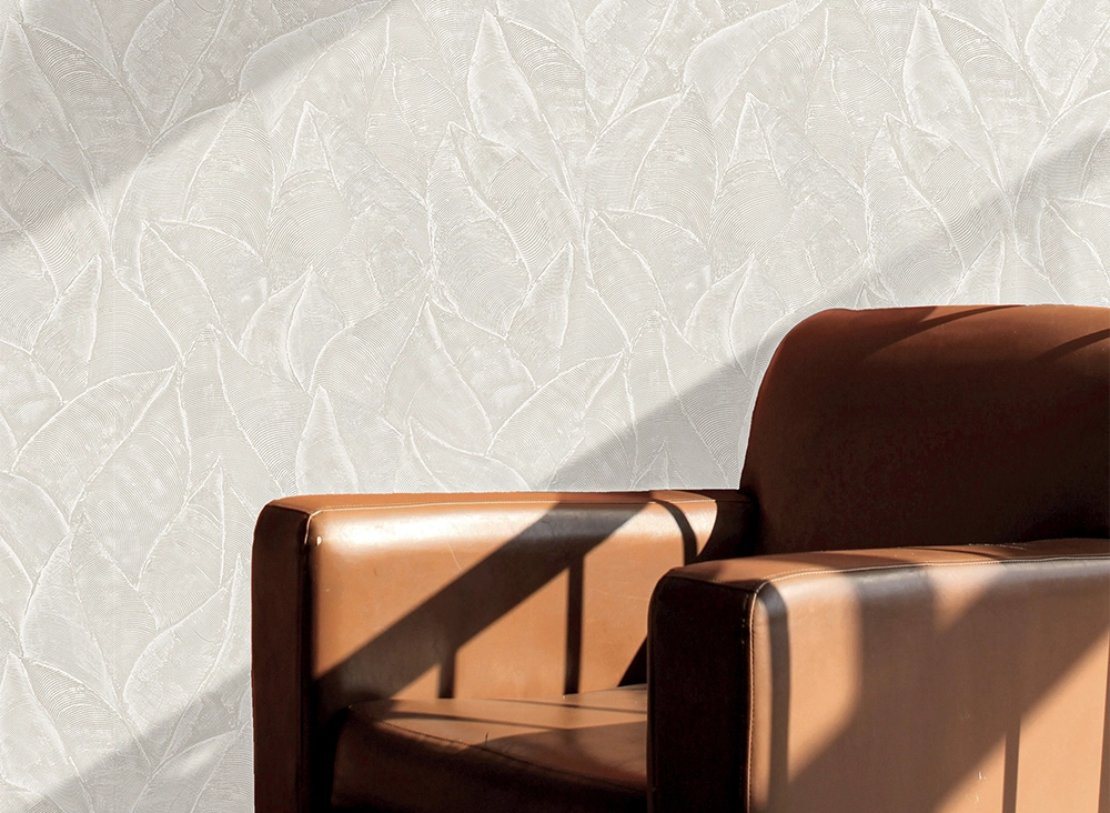 Elegáns Jannelli dekor tapéta fényes és matt zöldesszürke színű struktúrált levél mintával