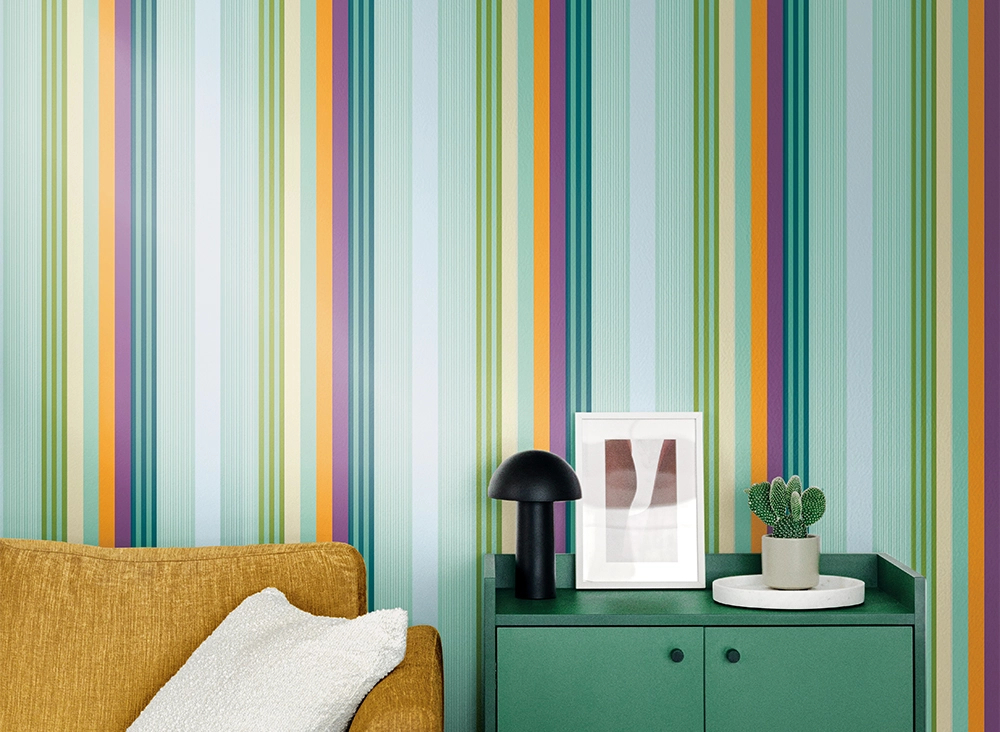 Elegáns Jannelli design tapéta sokszínű vegyes csíkos mintával zöldes összhatással