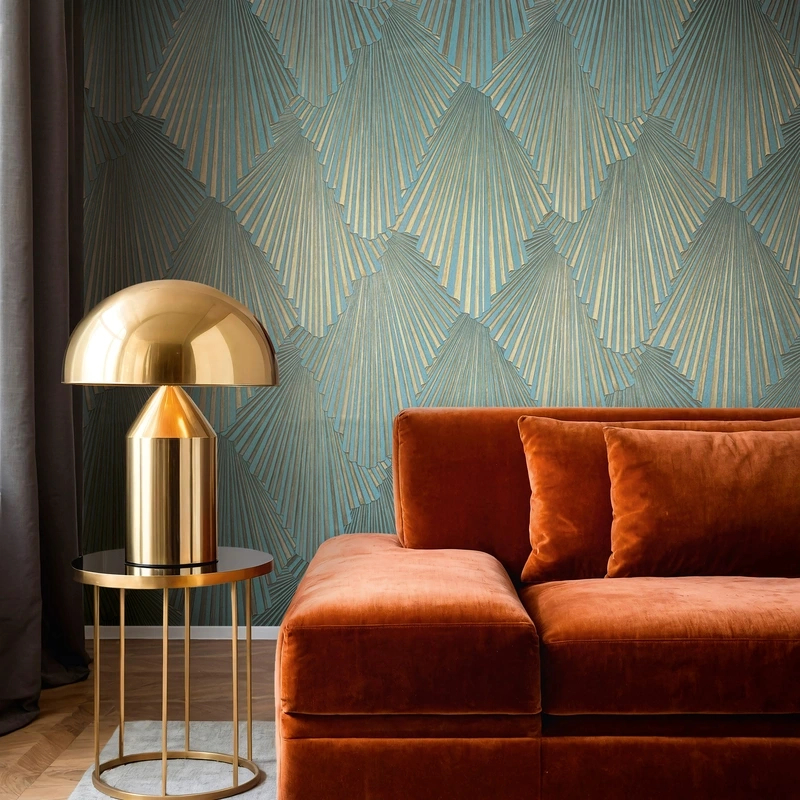 Elegáns legyező mintás türkiz arany erősen struktúrált design tapéta 70cm széles