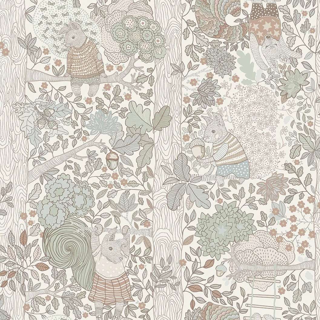 Elegáns mosható dekortapéta mókus mintával fehér háttéren fakó színben