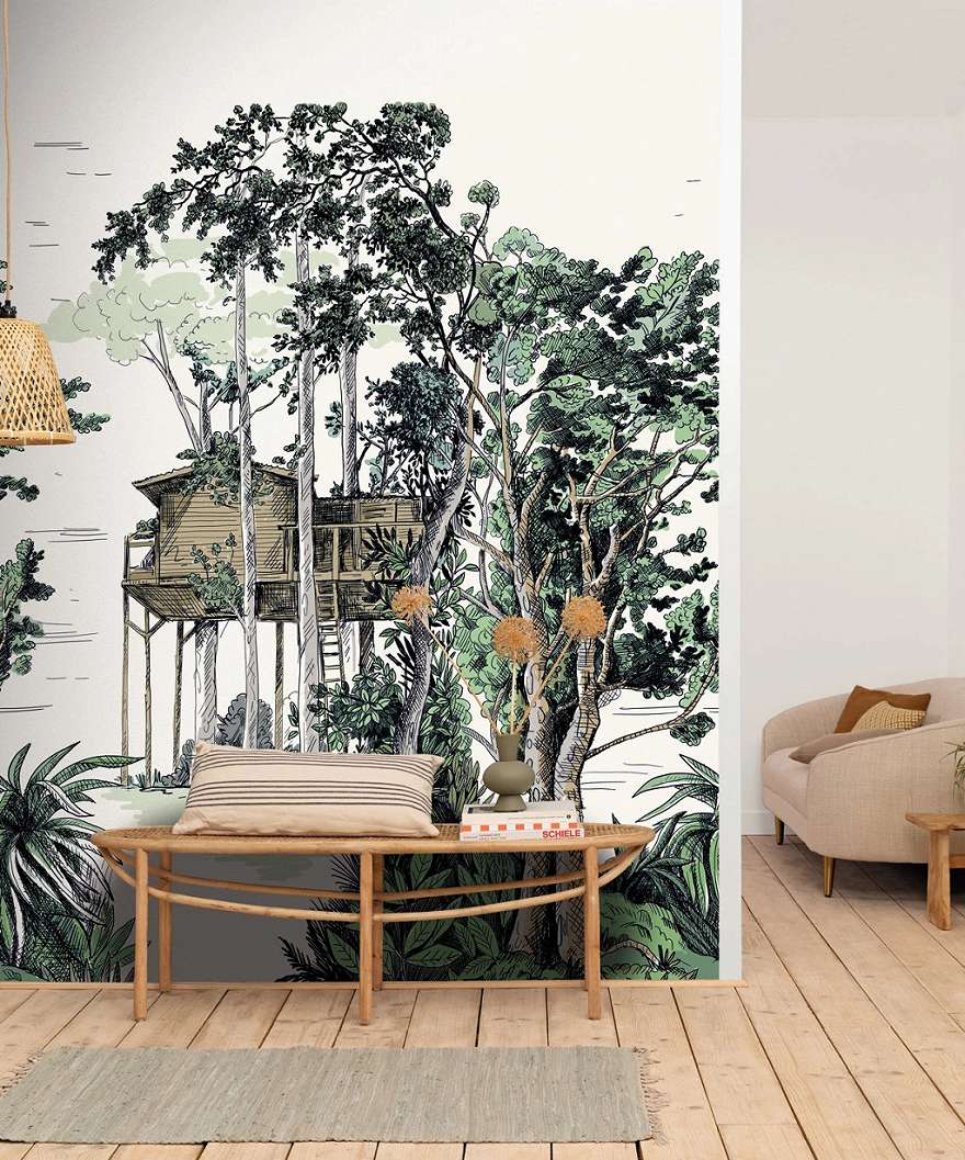 Erdei mintás vlies poszter tapéta lombházzal