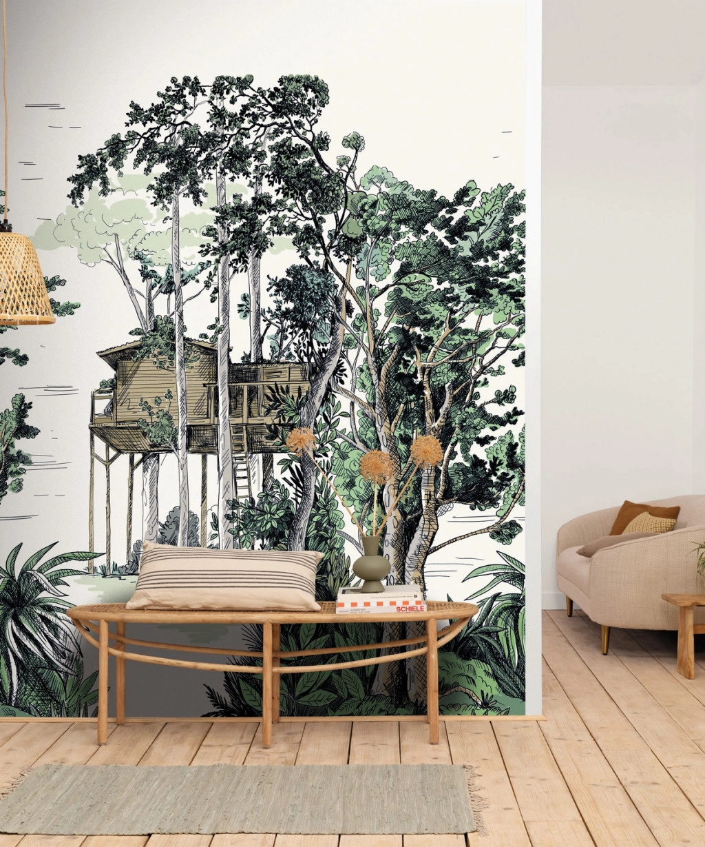 Erdei mintás vlies poszter tapéta lombházzal