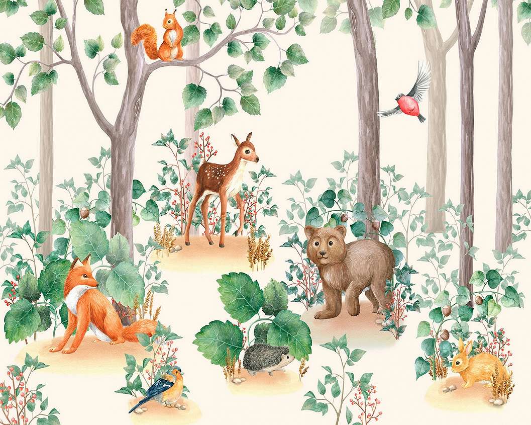 Erdei nővény és állat, nyuszi, őzike mókus mintás gyerek poszter tapéta 368x254 vlies
