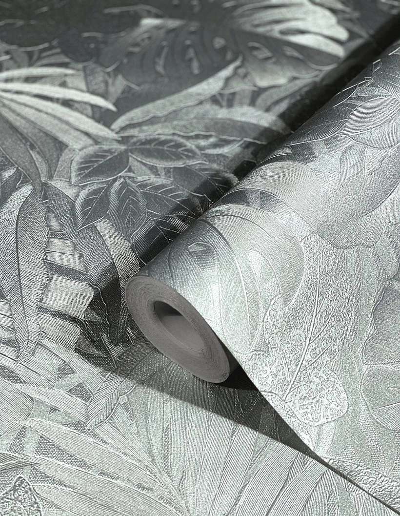 Ezüst metál modern pálmalevél mintás design tapéta mosható vinyl