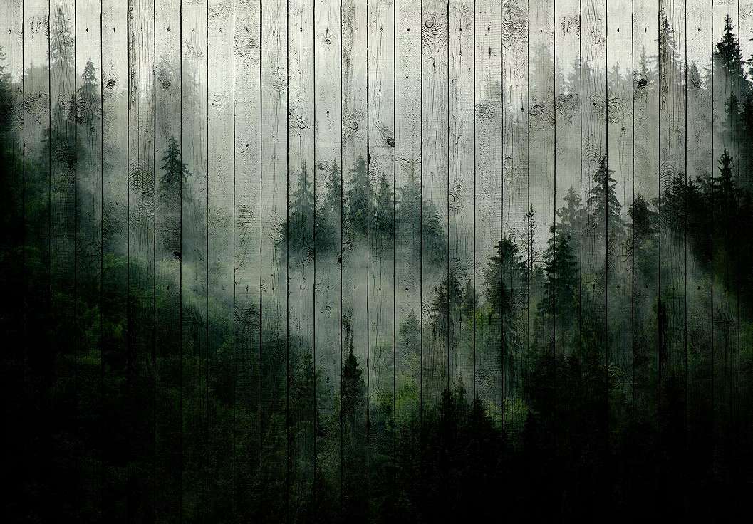 Fahatású fali poszter deszka és ködös erdei táj mintával 368x254 vlies