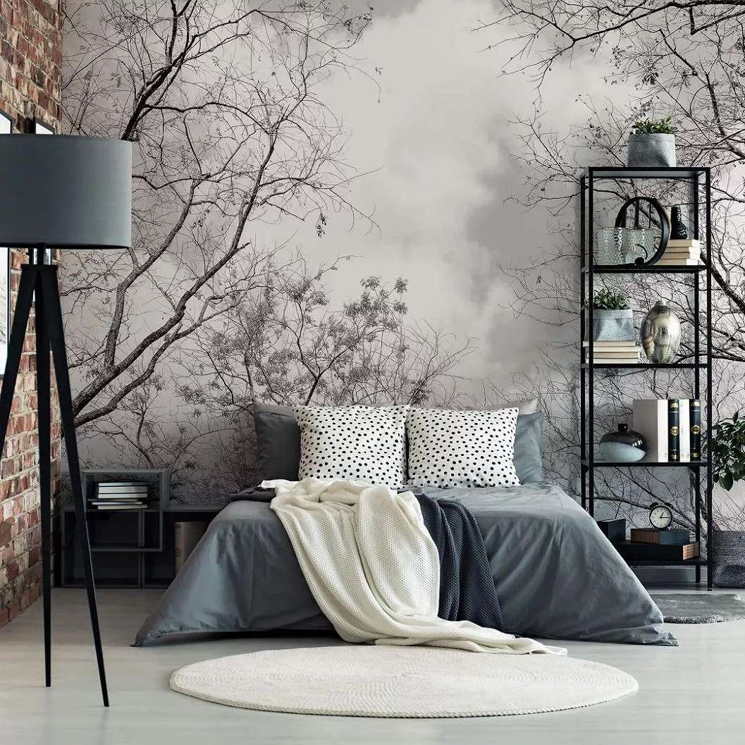 Fali poszter erdei táj mintával fekete fehér színvilágban