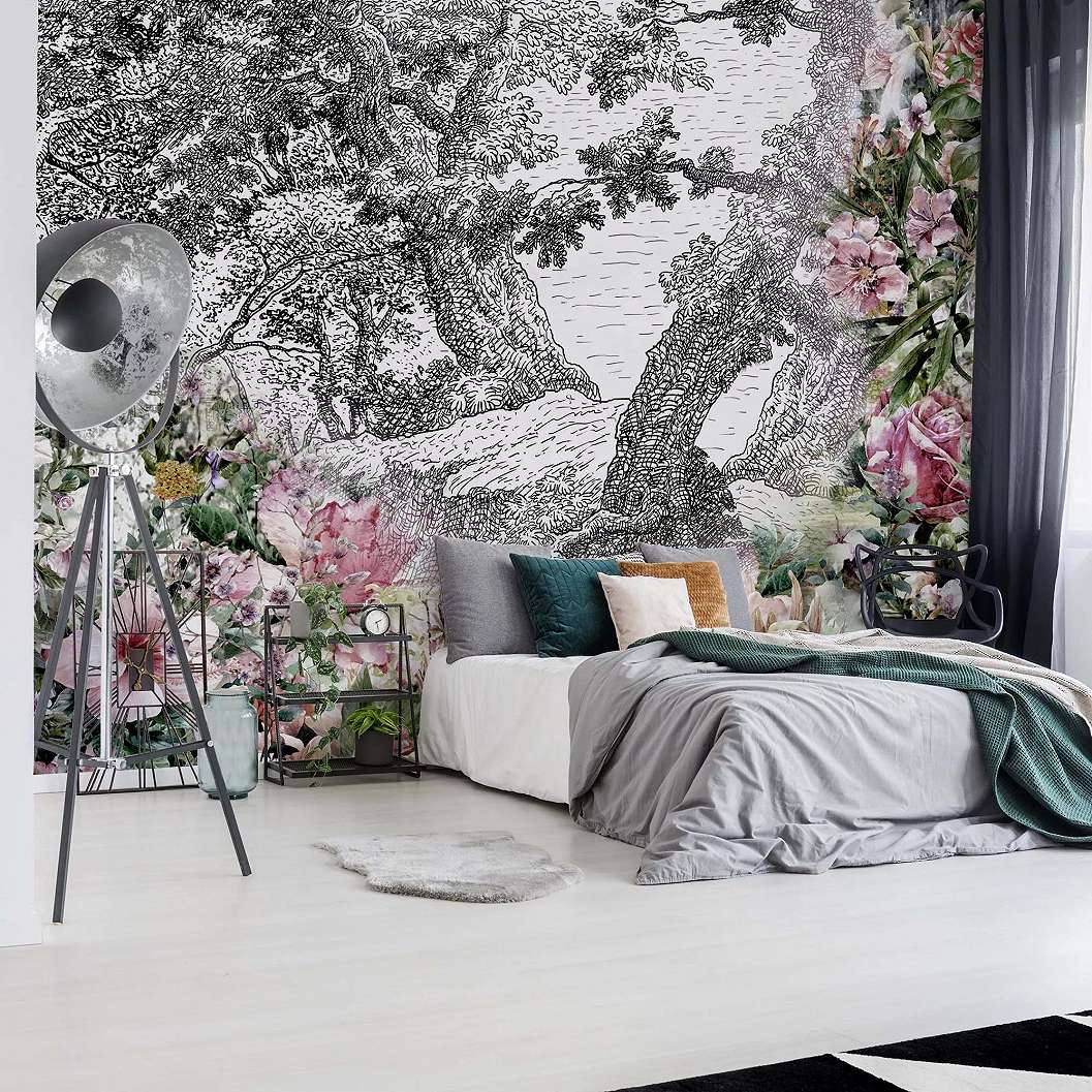 Fali poszter fekete fehér rajzolt tájképen színes virág mintákkal 368x254 vlies