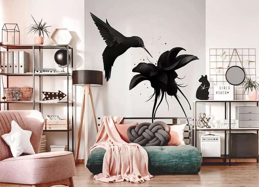 Fali poszter fekete kolibri mintával minimalista stílusban