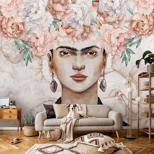 Fali poszter Frida Kahlo mintával romantikus rózsa koszorúval 368x254 vlies