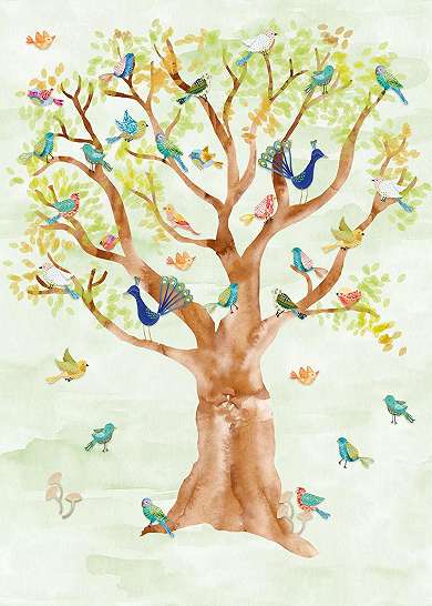 Fali poszter gyerekszobába akvarell hatású fa és madár mintával